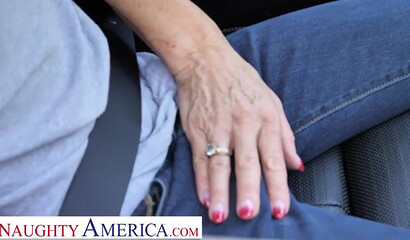 Mature brunette stepmom with big tits riding her son's friend