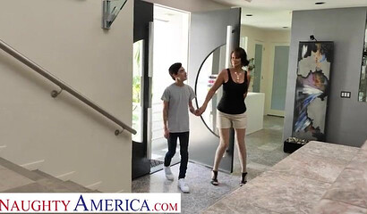 Mature brunette stepmom with big tits riding her son's friend