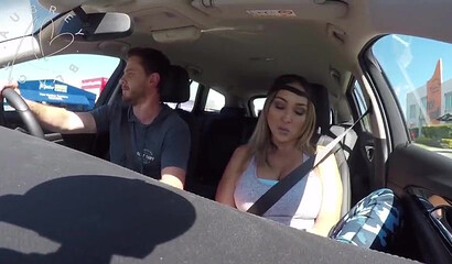 Busty MILF Aubrey Black seduces uber driver and rides him in a car