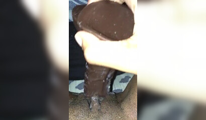 Amateur ebony toying her pussy with big black dildo and squirts hard