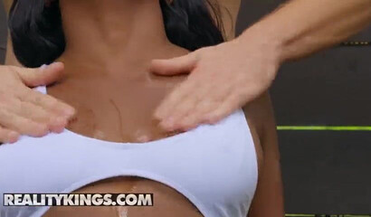 Ebony with big pierced tits Nyna Stax sucking and riding white boner