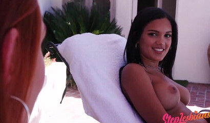 Redhead stepsister Lacy Lennon licking busty Latina babe Alina Belle