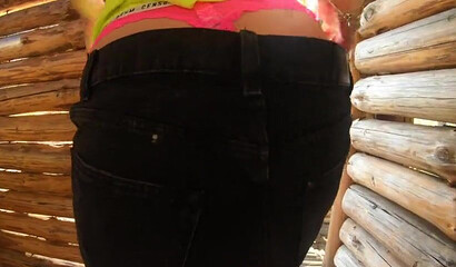 Fit GF with big tits gets fucked in wooden cabin