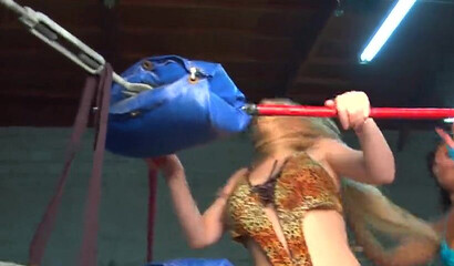 Busty lesbian fighters grab and fuck each other in the ring