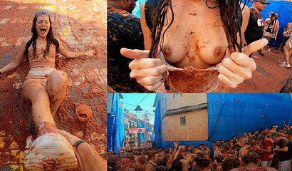 Amateur vixen Mysweetapple has public sex during La Tomatina in Spain