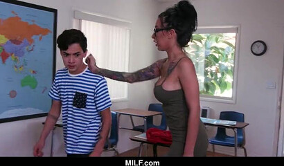 Hot tattooed teacher Lily Lane fucks student and swallows his cum