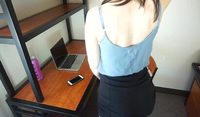 Sexy office babe stripping and masturbating to orgasm at work