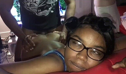 Ebony Nerd Porn - Nerdy ebony teen gets bent over the sofa and pounded by her boyfriend