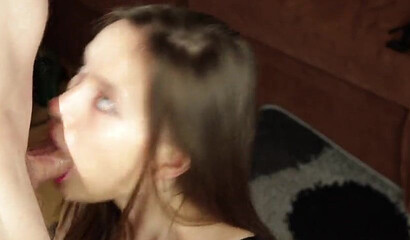 MILF with red lipstick deepthroats and blows meat pole in POV