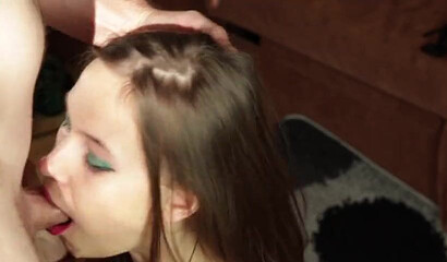 MILF with red lipstick deepthroats and blows meat pole in POV