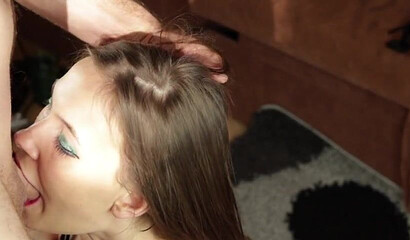 MILF with red lipstick deepthroats and blows meat pole in POV