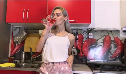 Young housewife strips in the kitchen and gets ass fucked