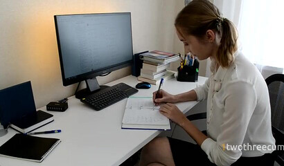 Office babe gets bent over desk and screwed doggy style by her colleague