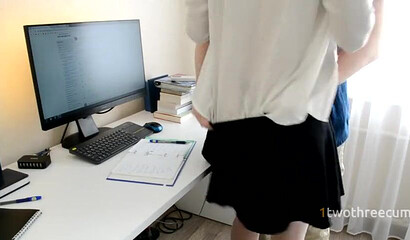 Office babe gets bent over desk and screwed doggy style by her colleague