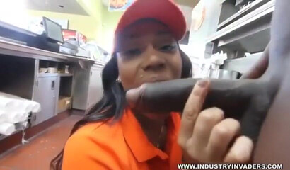 Bootylicious ebony babe deepthroats and screws chief's BBC in the kitchen
