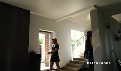 Slutty blonde giving her lucky man phenomenal rimjob on the sofa