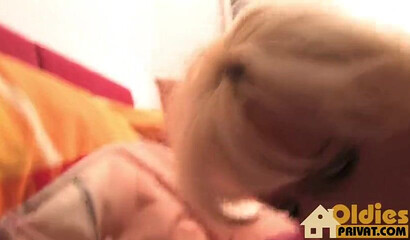 Mature blonde in hot lingerie gets her coochie nailed by young stud