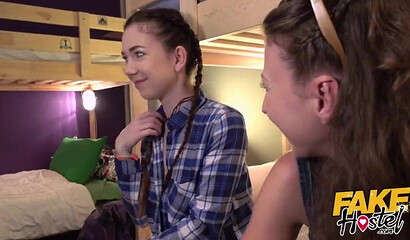 Playful teenage roommates having late night lesbian threesome