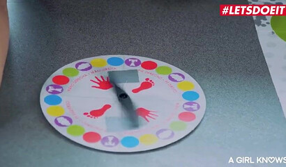 Playful blonde teens strip and fuck in hot lesbian threeway action