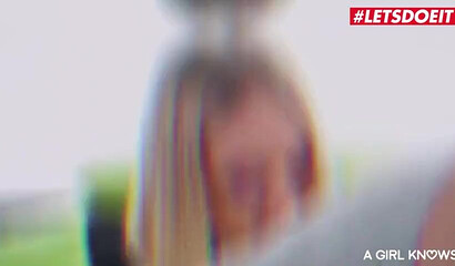 Playful blonde teens strip and fuck in hot lesbian threeway action