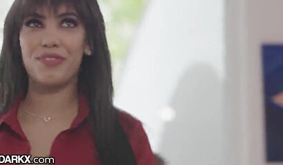 Dark haired stunner Gia Milana takes doggy hardcore pounding and gives BJ