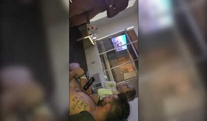 Hot bartender gets sandwiched by two horny guys in homemade threesome