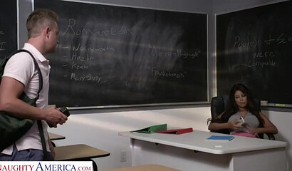 Naughty big breasted teacher Bridgette B gets rammed by her horny stud in the classroom