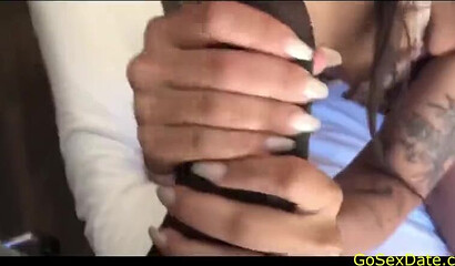 Skinny tattooed teen swallowing and riding huge black penis