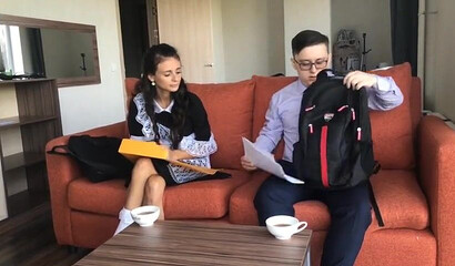 18 year old girl gets analized by young nerd on the sofa