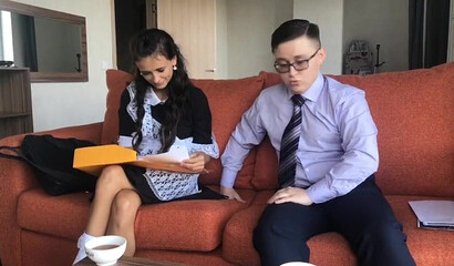 18 year old girl gets analized by young nerd on the sofa