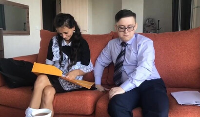 18 year old girl gets analized by young nerd on the sofa