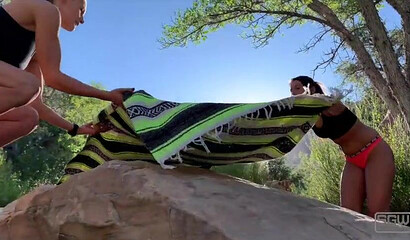 Two playful babes having threeway fuck fest at the camping