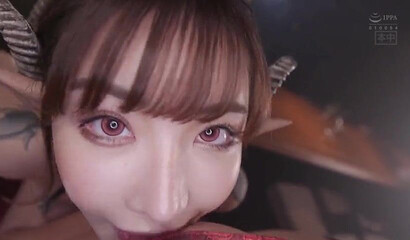 Tattooed Japanese cosplay babe in boots rides her unshaved pussy on fat dick