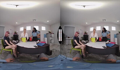 Busty office sluts blow off their horny boss in hot VR experience