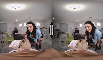 Busty office sluts blow off their horny boss in hot VR experience
