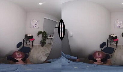 Busty office sluts blow off their horny boss in hot VR experience