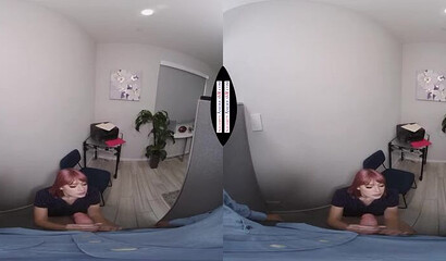 Busty office sluts blow off their horny boss in hot VR experience