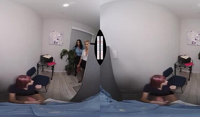 Busty office sluts blow off their horny boss in hot VR experience