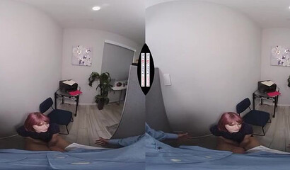 Busty office sluts blow off their horny boss in hot VR experience