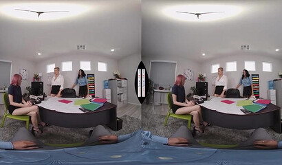 Busty office sluts blow off their horny boss in hot VR experience