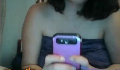 Omegle teen reveals her giant breasts and touches her bald cunt