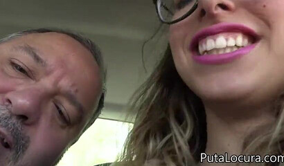 Beautiful amateur doll with glasses blows off and fucks fat dude in car