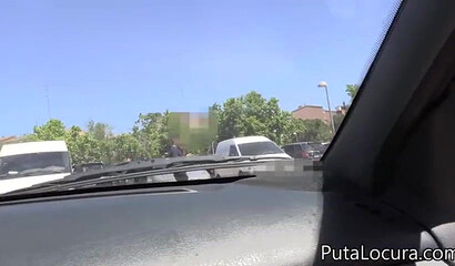 Beautiful amateur doll with glasses blows off and fucks fat dude in car