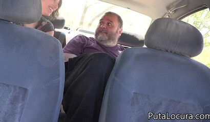 Beautiful amateur doll with glasses blows off and fucks fat dude in car
