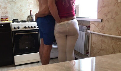 Amateur fat ass mom gets striped and fucked by stepson in the kitchen