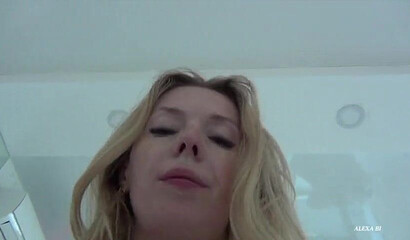 Busty blonde wife gets double teamed while hubby's filming