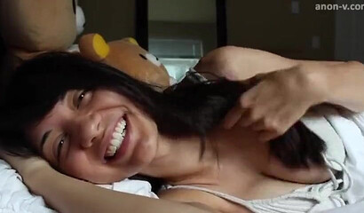 Beautiful GF with big juicy boobs smiles while masturbating in bed