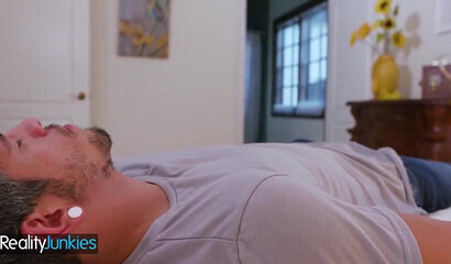 Latina with giant natural boobs Ella Knox wakes up guy with a blowjob