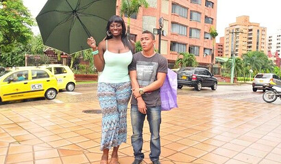 Curvy ebony with stunning giant tits and butt riding a lucky white guy