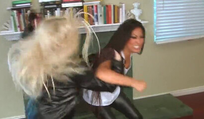 Lesbian Asian MILF caught blonde thief with big boobs and spanked her hot ass